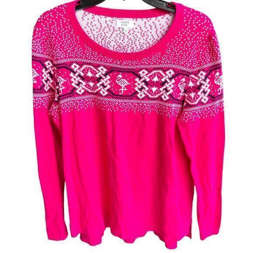 CROWN & IVY bright pink FairIsle Flamingo tropical Beachy Preppy sweater sz L